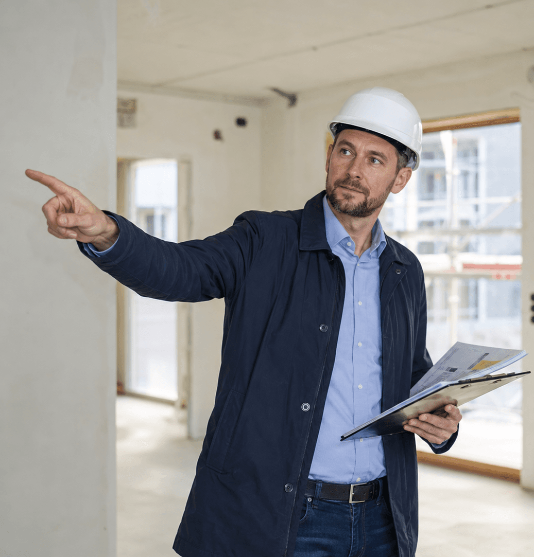 Fachmann prüft bei der Abnahme einen Neubau und hält die Unterlagen bereit.
